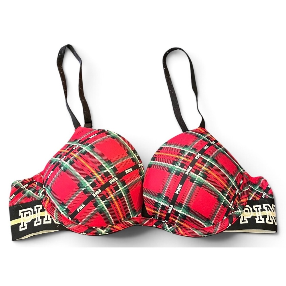 Victorias Secret PINK Wear Everywhere Push Up Bra Red Plaid‎ Logo Band 34B